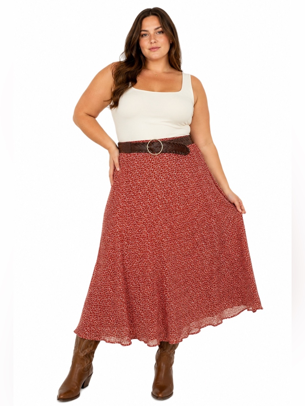 Boho Western Belted Maxi Skirt 1X Coastal Cowgirl Festival Sheer Rust Red Lined